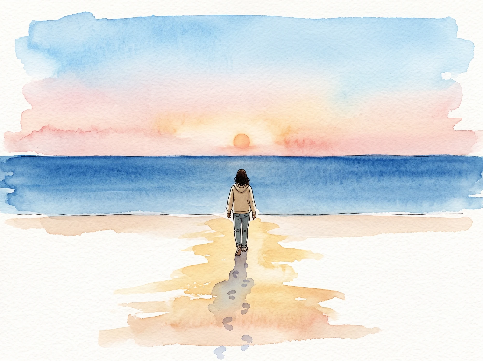 A woman walking at sunrise along the wet sand, the path of light opening ahead of her
