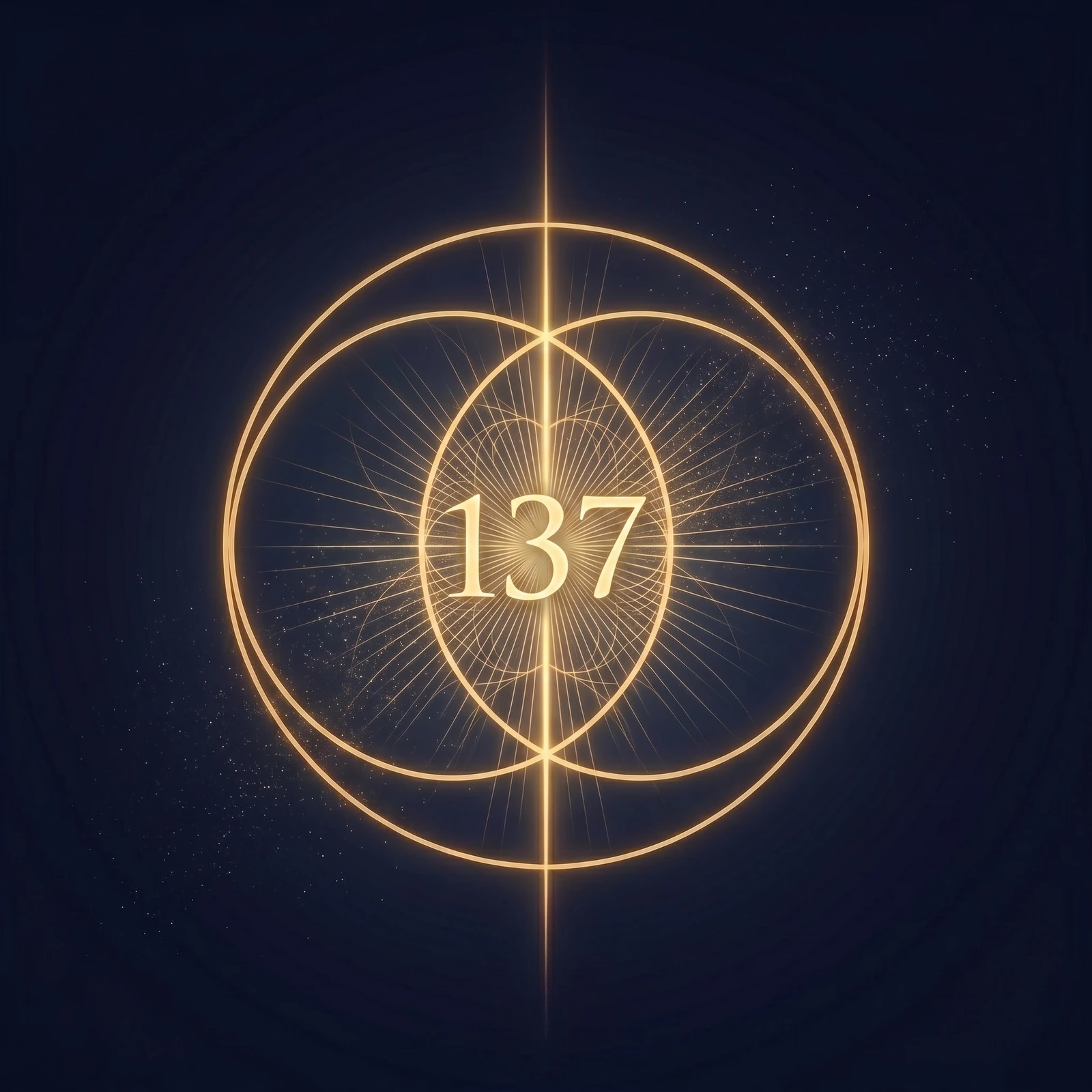 O número 137 em dourado, ao centro de duas circunferências sobrepostas com um feixe de luz vertical