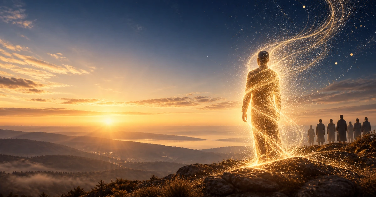 Figura formada por fios de Luz diante do amanhecer
