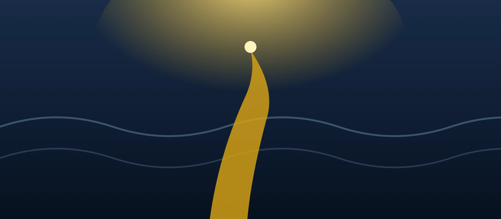 Golden pathway crossing deep waters toward light