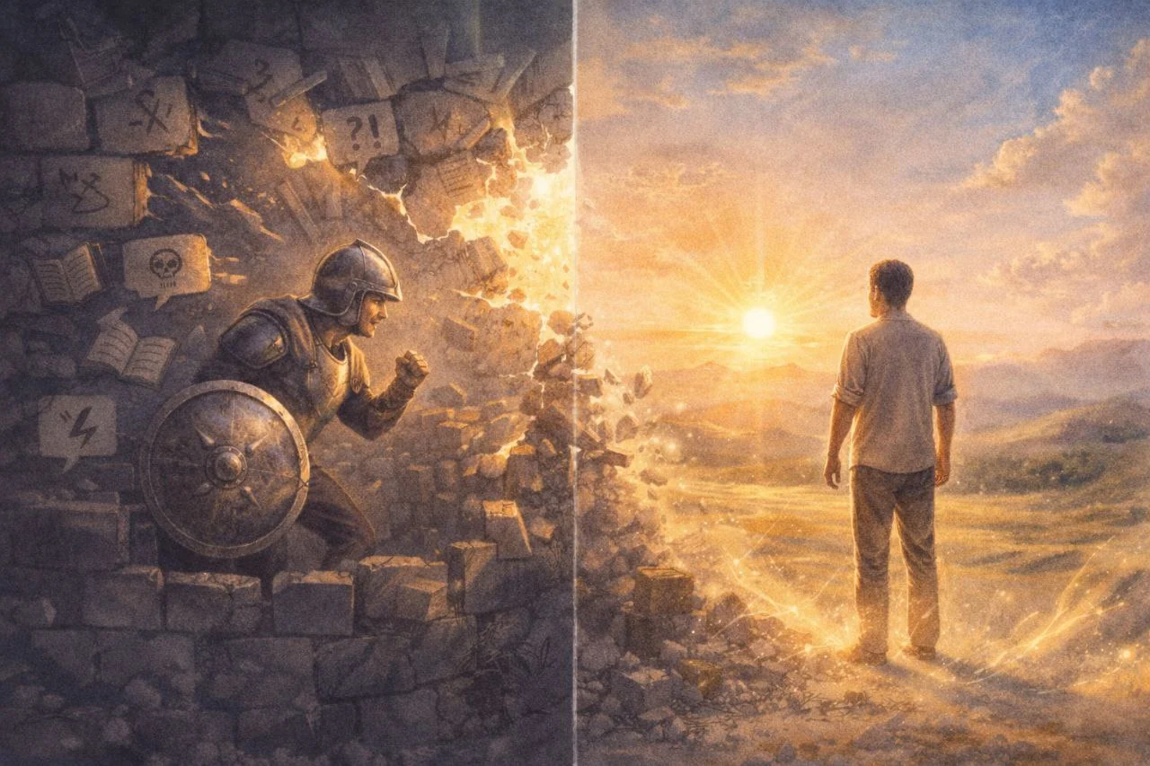 On the left, a man in armor defending a ruined wall of judgments; on the right, he walks free toward the Light of dawn