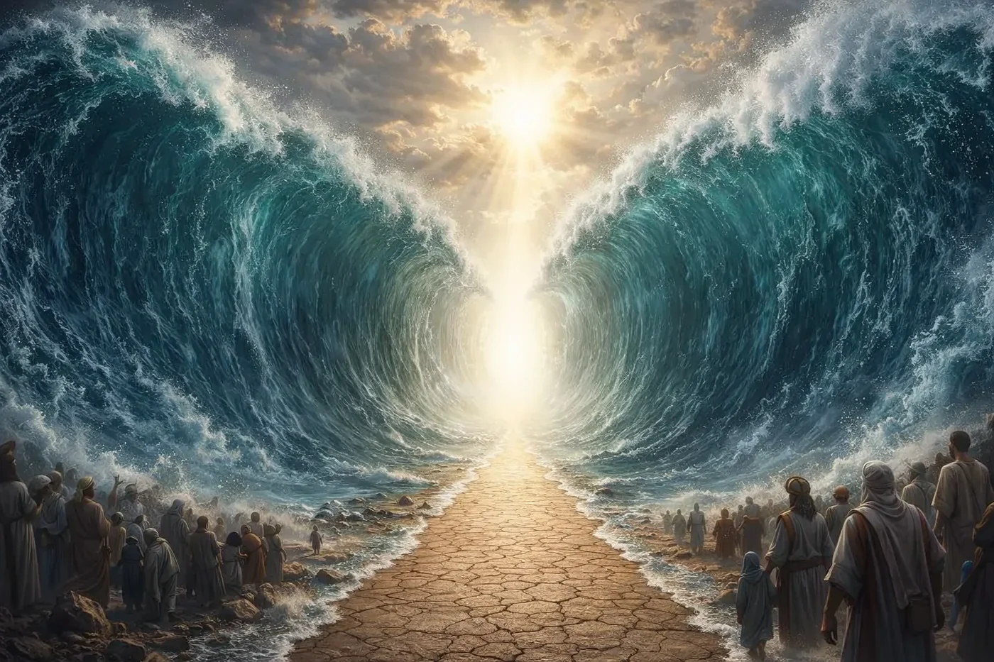 The parting of the Red Sea into two walls of water, with a path of dry land leading to the Light and the people crossing