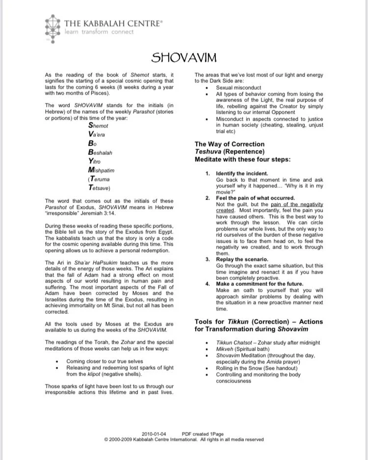 Página do texto original de Shovavim do Kabbalah Centre, explicando o significado e as práticas do período